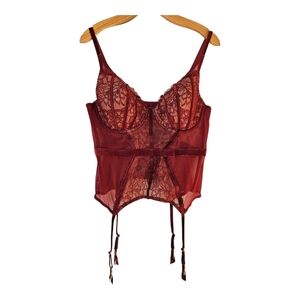 Adore Me Corset Womens 38D Maroon Lace Mesh Velvet Moulin Rouge Indie Sleeze